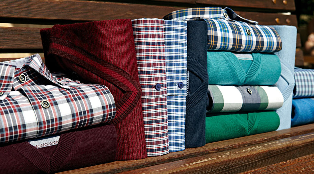 Perfectly stretched shirts folded on a bench.