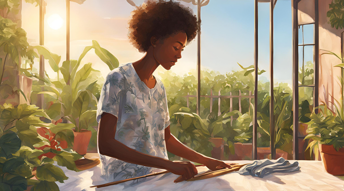 Animation depicting a person using the Shirt Stretcher on a table amidst lush greenery, illustrating a sustainable lifestyle and eco-friendly practices in a vibrant, natural environment.