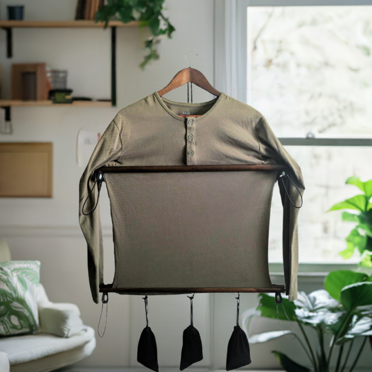 Shirt Stretcher on display in a home filled with plant life and natural light
